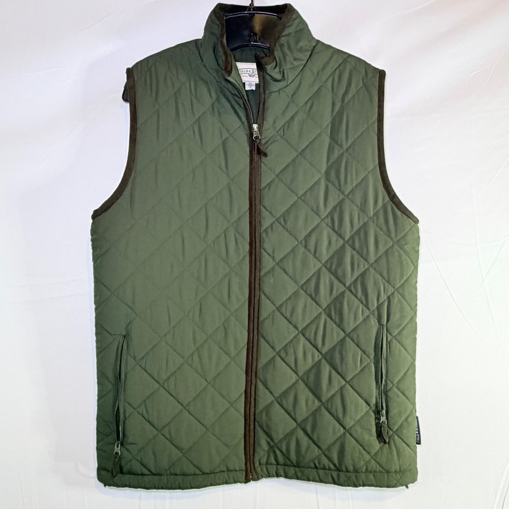 Field & Stream Mens Quilted Puffer Vest Olive Green‎ Brown Trim Small Full Zip